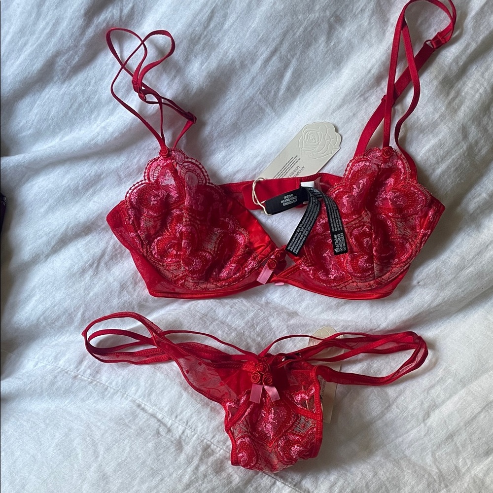 For Love And Lemons Red Lace Heartbeat Bra and thong set